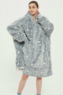 cute print oversized blanket hoodie   warm fleece winter sleepwear 8334