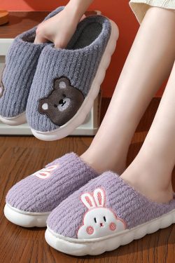 cute rabbit striped slippers for women   warm winter indoor shoes 2644