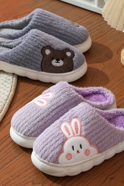 cute rabbit striped slippers for women   warm winter indoor shoes 4906
