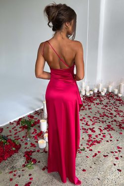 elegant one shoulder pleated satin dress   sexy slim fit solid color 1024