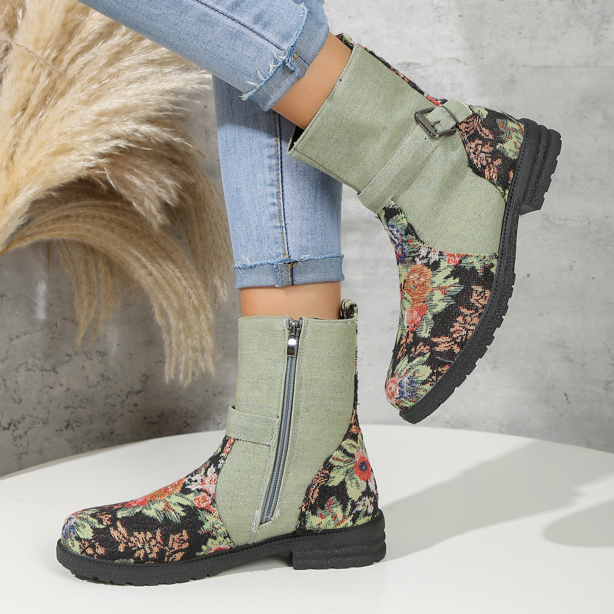retro flowers print women's ankle boots with chunky heels & side zipper 6010