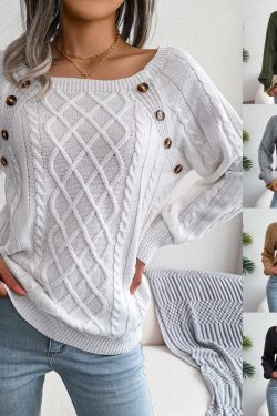 square neck button knit sweater with fried dough twist design 8457