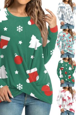 women's casual christmas print long sleeve round neck fashion top 7557
