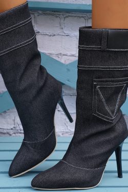 women's fashion denim stiletto boots with pointed toe & pocket design 5438