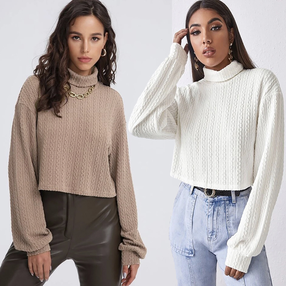 women's high collar long sleeve loose knit solid sweater 7098