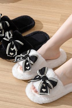 women's love heart bow tie cotton slippers for home use 4696