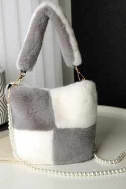 women's luxury checkerboard plush bucket bag with pearl chain 2776