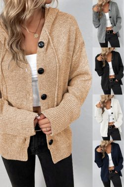women's single breasted hooded cardigan   knitted drawstring sweater coat 4625