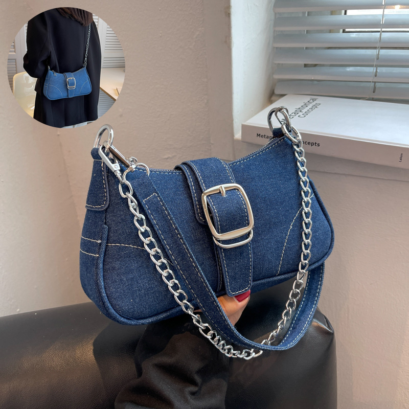 women's small square denim crossbody bag with fashion chains 3595