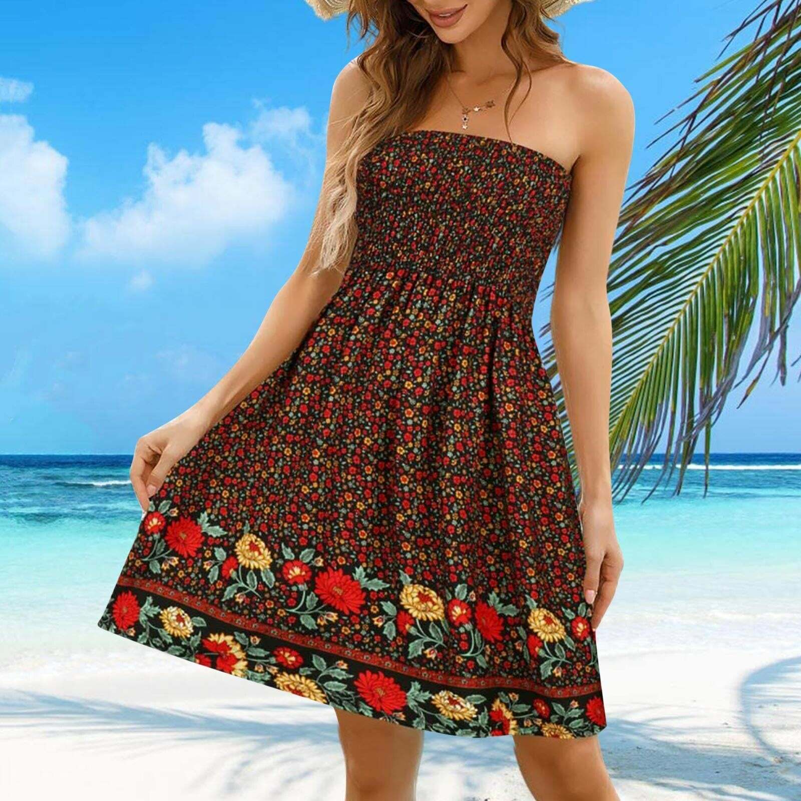 2024 Ruffled Strapless Floral Midi Dress - Y2K Boho Aesthetic with Cute Details