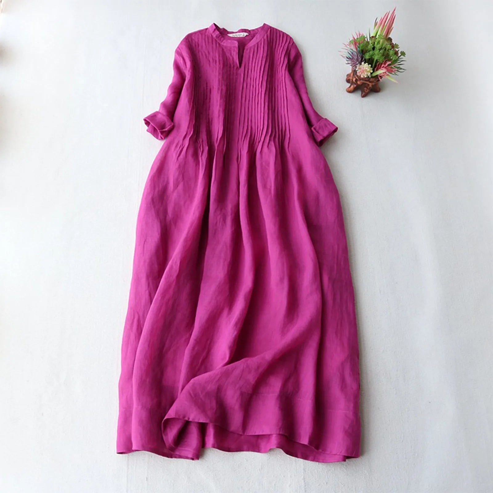 2024 Summer Y2K Aesthetic Cotton Linen Pleated Casual Dress - Flowy Short Sleeve Elegance