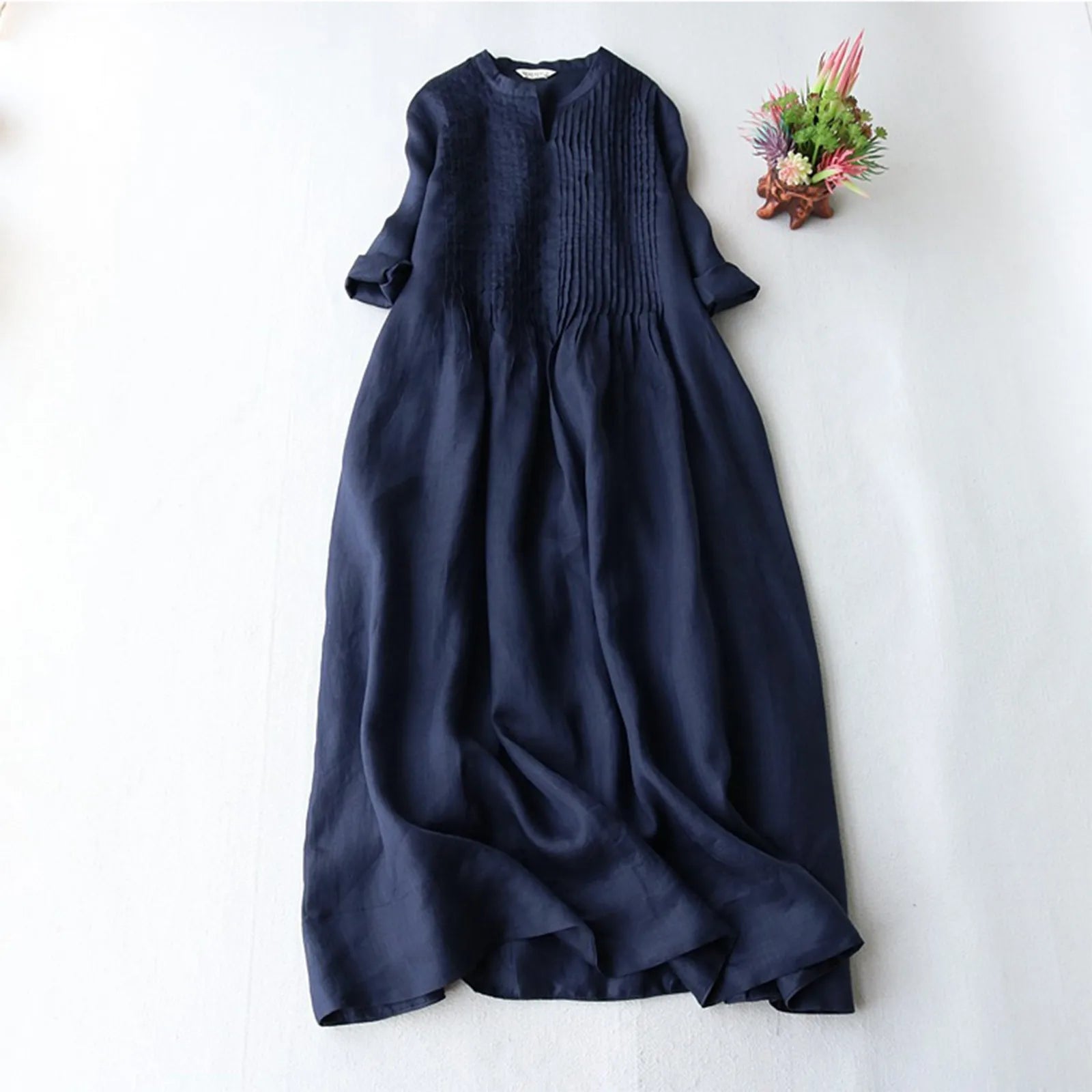 2024 Summer Y2K Aesthetic Cotton Linen Pleated Casual Dress - Flowy Short Sleeve Elegance