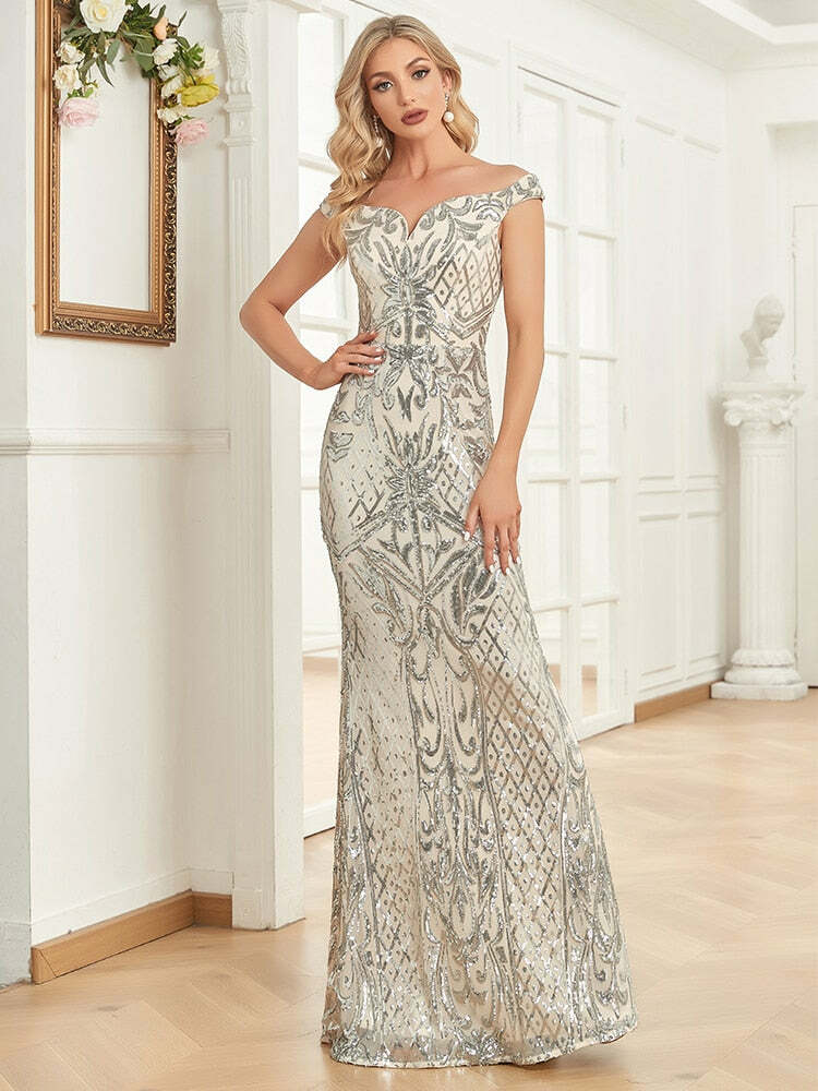 2024 V-Neck Light Silver Sequin Y2K Prom Dress - Glamorous Coquette Aesthetic Gown