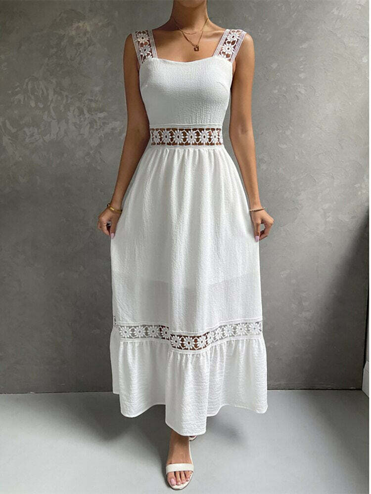 2024 Y2K Boho Dress with Square Collar & Hollow Out Details - Perfect for Aesthetic Outfits