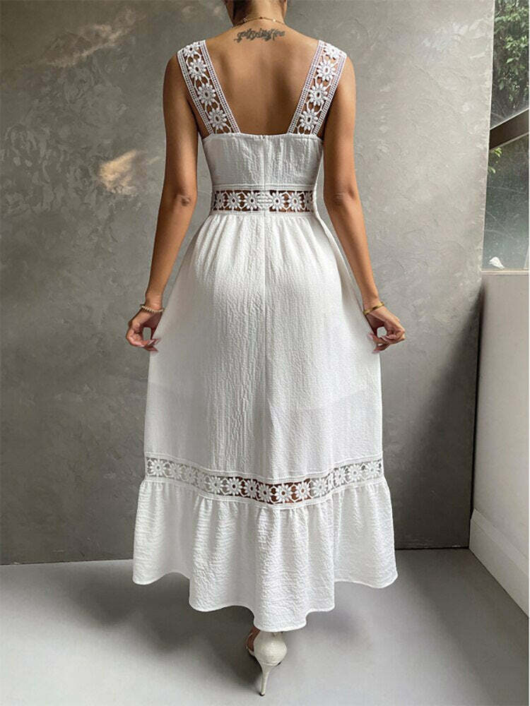 2024 Y2K Boho Dress with Square Collar & Hollow Out Details - Perfect for Aesthetic Outfits