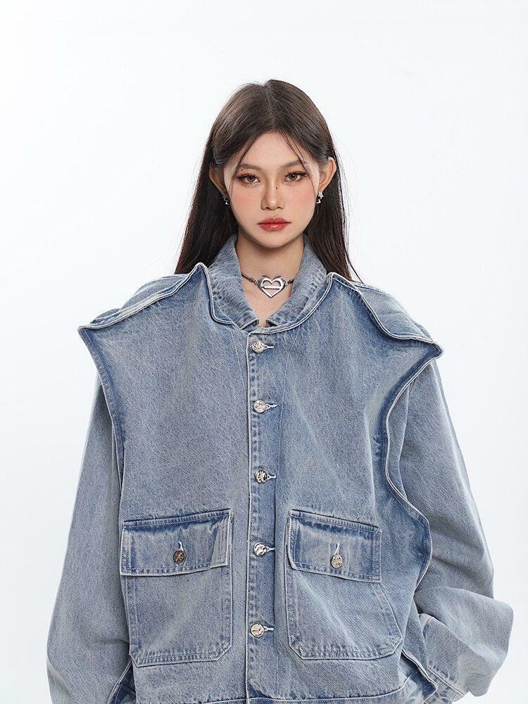 Asymmetric Design Denim Jacket - Y2K Fashion, Grunge Aesthetic, 90s Style, Trendy Layering Piece