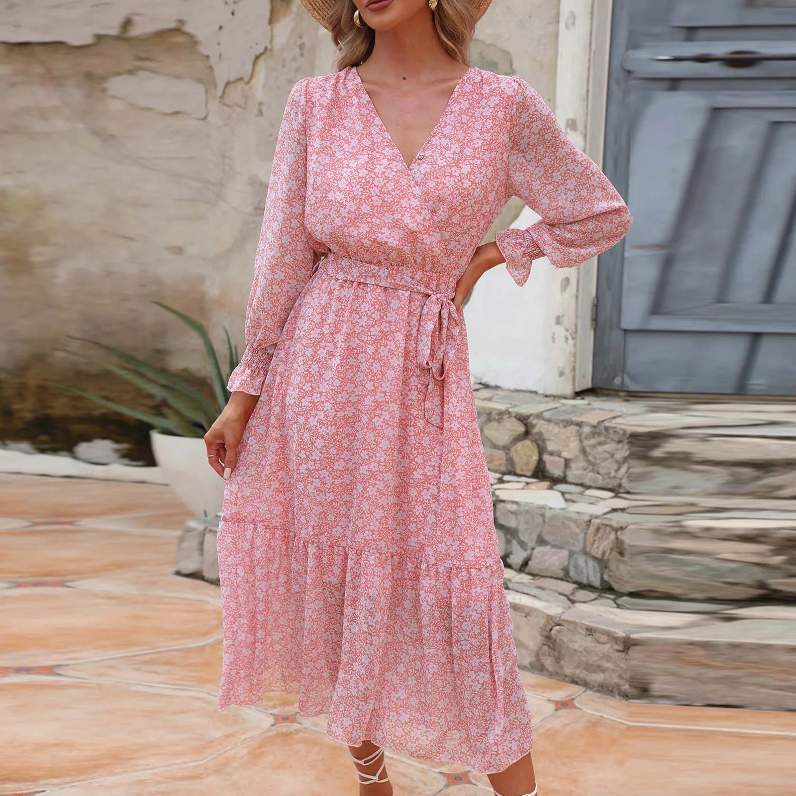 Autumn Floral Print Maxi Dress - Casual Long Sleeve Wrap V Neck Pleated A-Line 2024