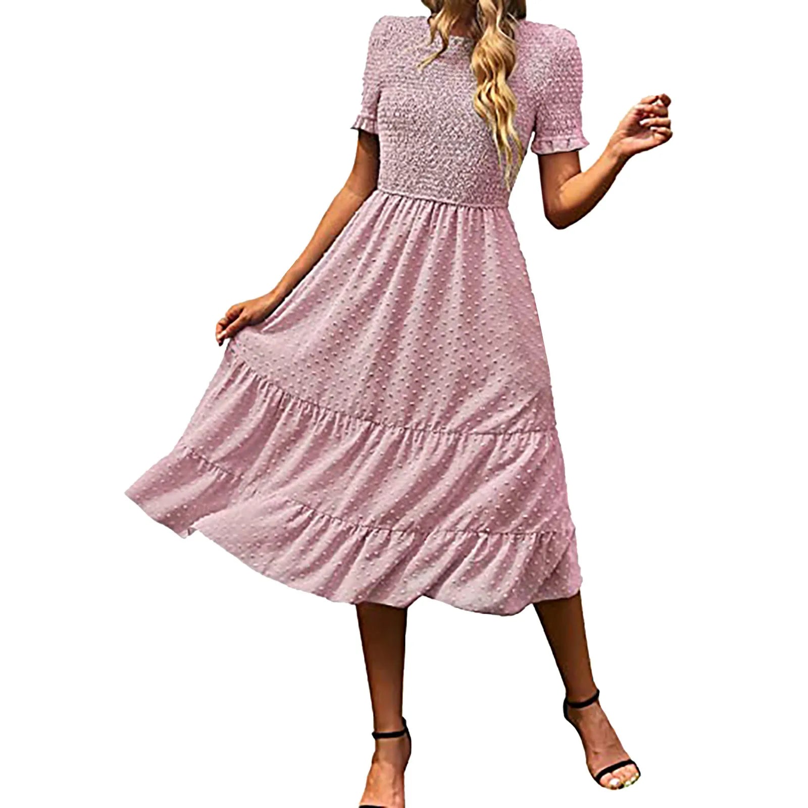 Boho Chic Jacquard Smocked Midi Dress - High Waist Tiered Summer Style for Aesthetic Vibes