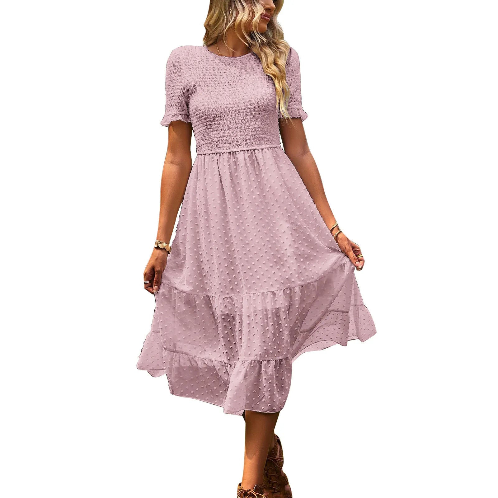 Boho Chic Jacquard Smocked Midi Dress - High Waist Tiered Summer Style for Aesthetic Vibes