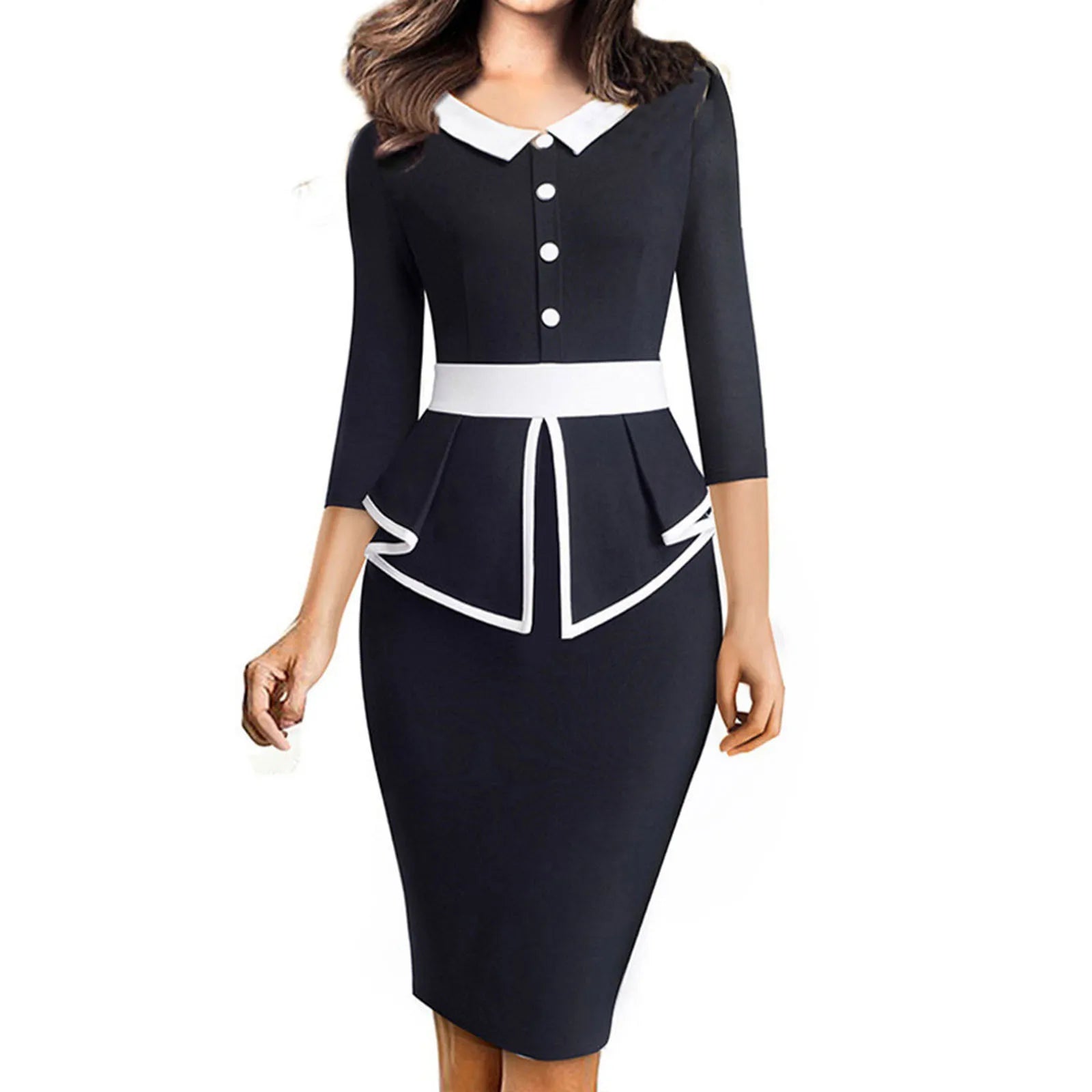 Chic 3/4 Sleeve Lapel Collar Ruffle Peplum Bodycon Dress - Vintage Y2K Office Aesthetic