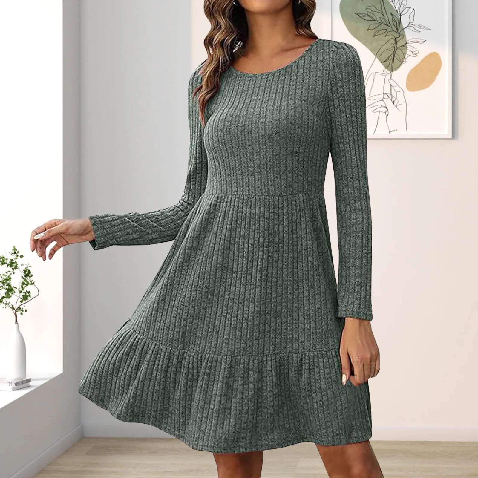 Chic O-Neck Knitted A-Line Dress for Fall & Winter - Cozy Casual Party Style