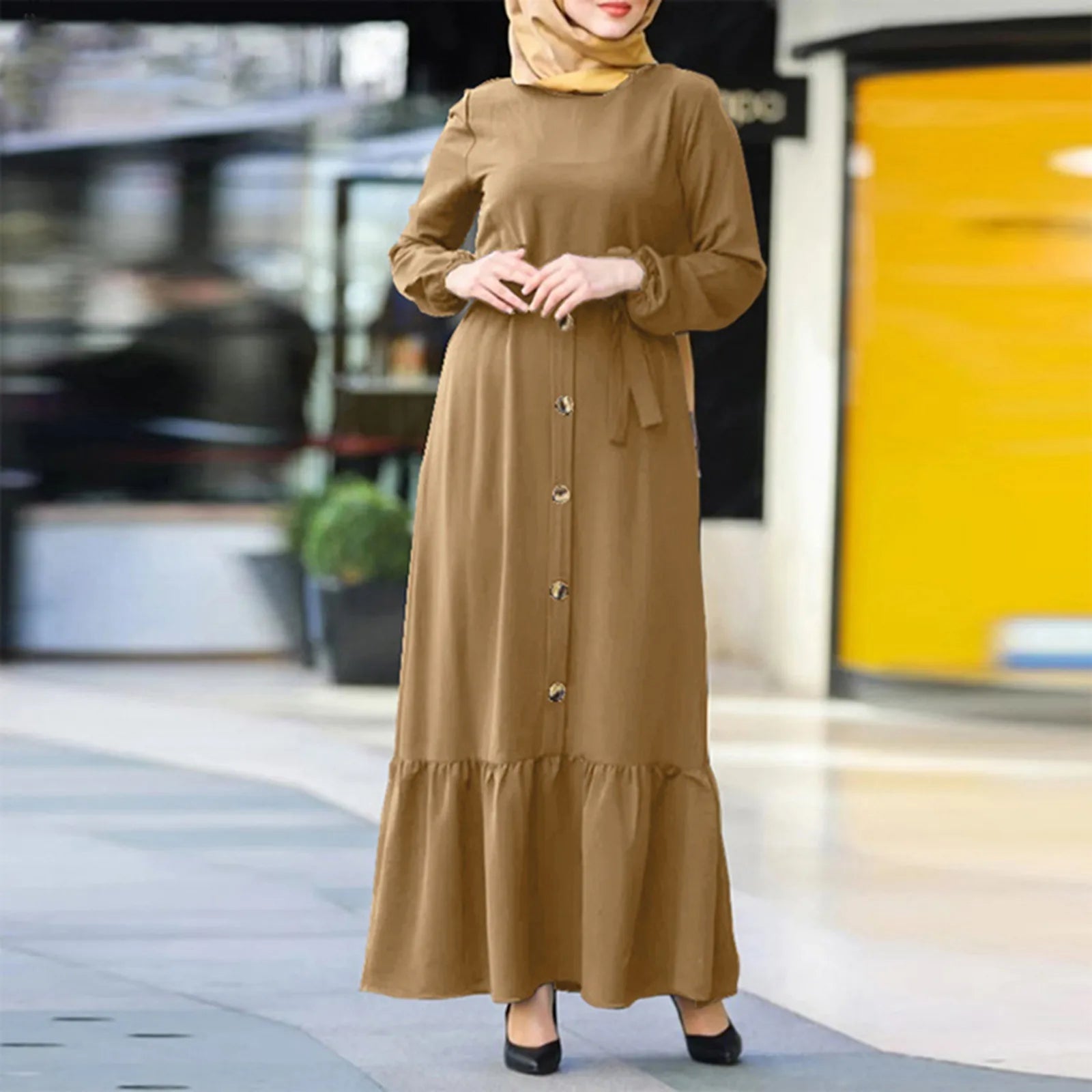 Chic Y2K Aesthetic Maxi Caftan Dress - Solid Color Long Sleeve Jilbab for Stylish Ramadan