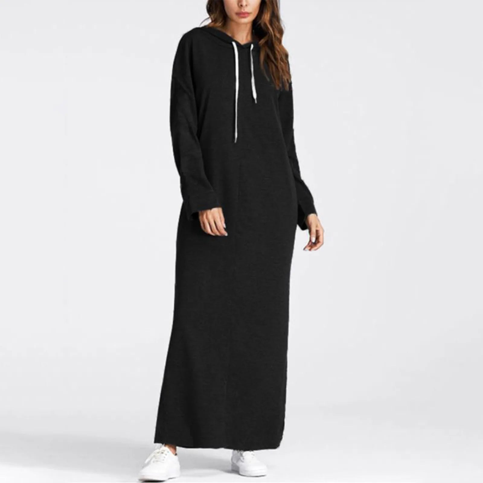 Chic Y2K Hooded Maxi Dress with Pockets - Comfy Solid Color Long Sleeve Sweatshirt Style