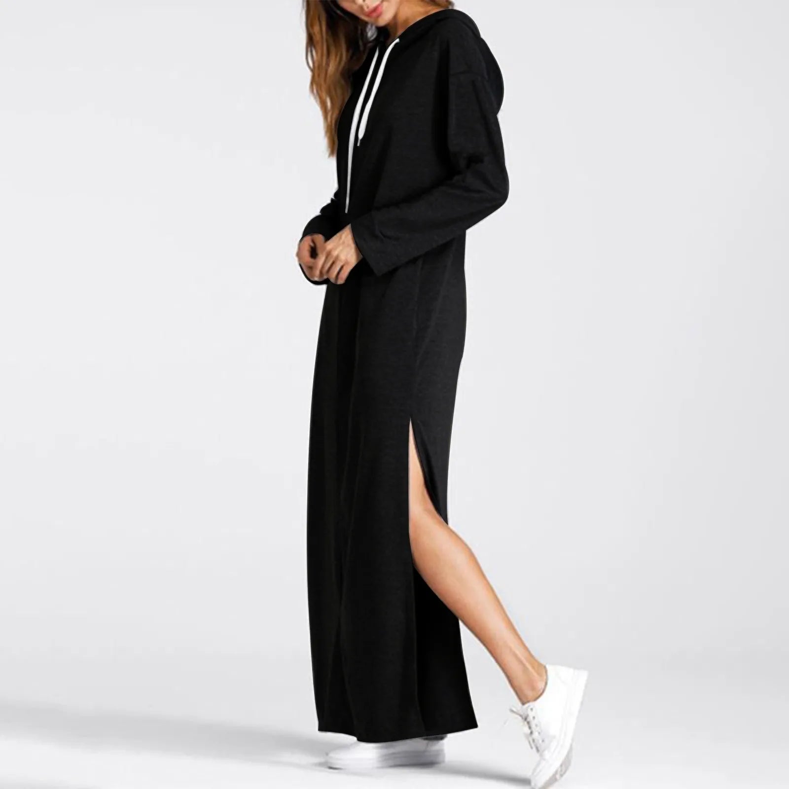 Chic Y2K Hooded Maxi Dress with Pockets - Comfy Solid Color Long Sleeve Sweatshirt Style