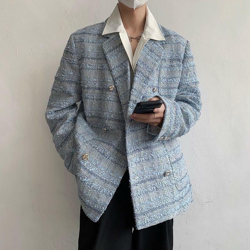 Chic Y2K Lapel Collar Blue Tweed Blazer for 90s Fashion & Grunge Aesthetic Outfits