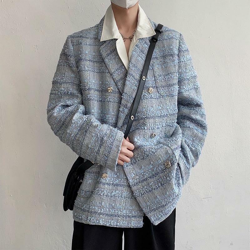 Chic Y2K Lapel Collar Blue Tweed Blazer for 90s Fashion & Grunge Aesthetic Outfits