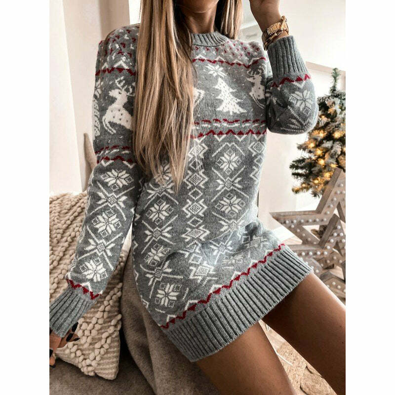 Cozy Y2K Christmas Jacquard Knitted Dress - Cute Aesthetic Holiday Fashion for Winter