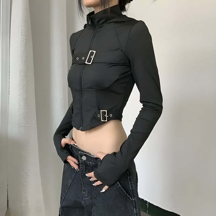 Cyberpunk Belted Zip-Up Crop Jacket Cute Casual Outfit Ideas Coquette Aesthetic