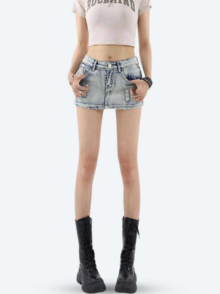 Distressed Low Rise Mini Skirt - Y2K Fashion, Grunge Aesthetic, 90s Style Summer Outfit