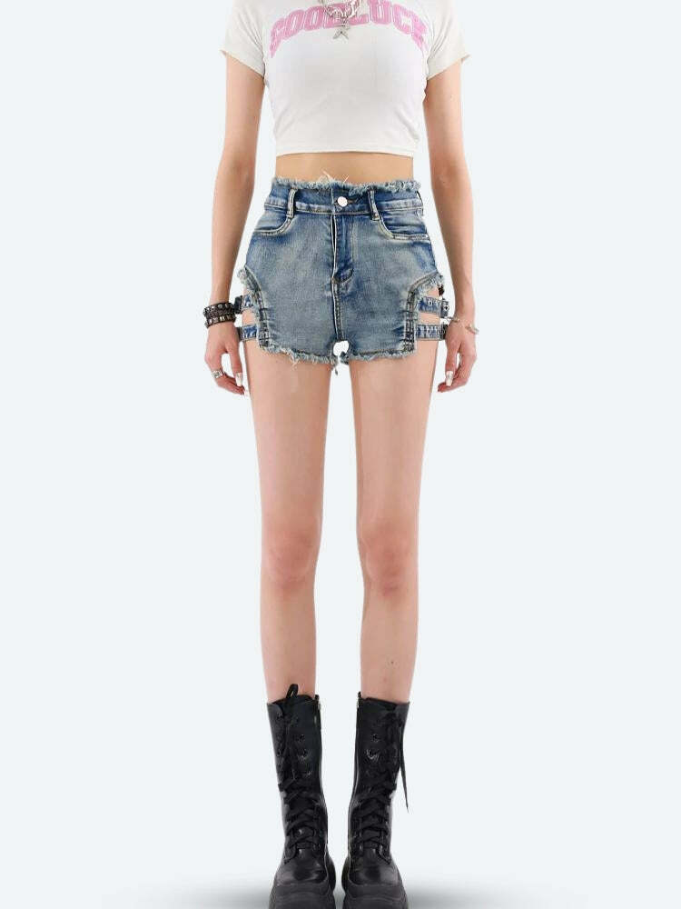 Distressed Y2K Denim Cut-Out Shorts for Grunge Summer Outfits & 90s Aesthetic Looks