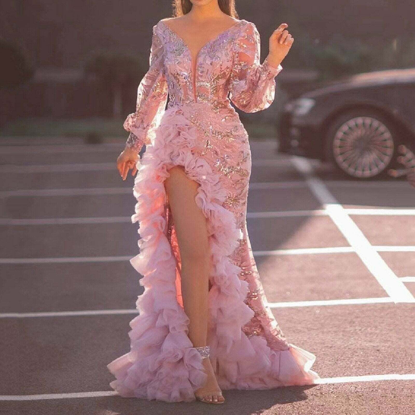 Elegant Pink Sequins Maxi Dress - Y2K Aesthetic, Coquette Style, Perfect for Fall Events