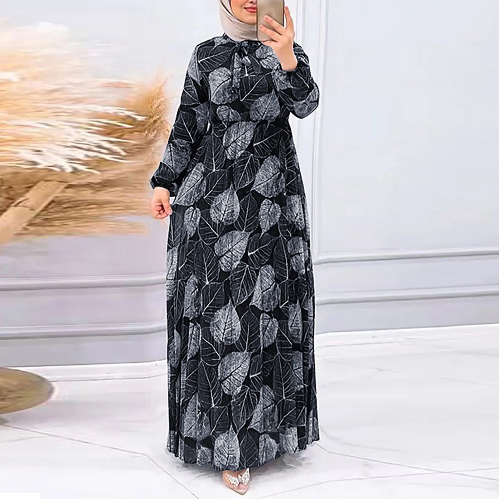 Elegant Printed Maxi Robe Dress for Women - Y2K Aesthetic Long Sleeve Casual Wear