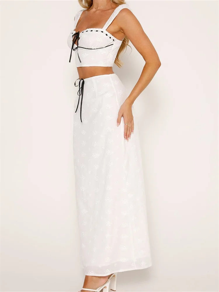 Embroidered Flower Sleeveless Top & High Waist Black Bow Long Skirt Set - Y2K Aesthetic Outfit