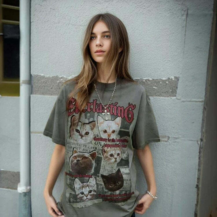 Everlasting Y2K Cats Tee: Vintage 90s Grunge Aesthetic for Summer Outfits & Cute Looks