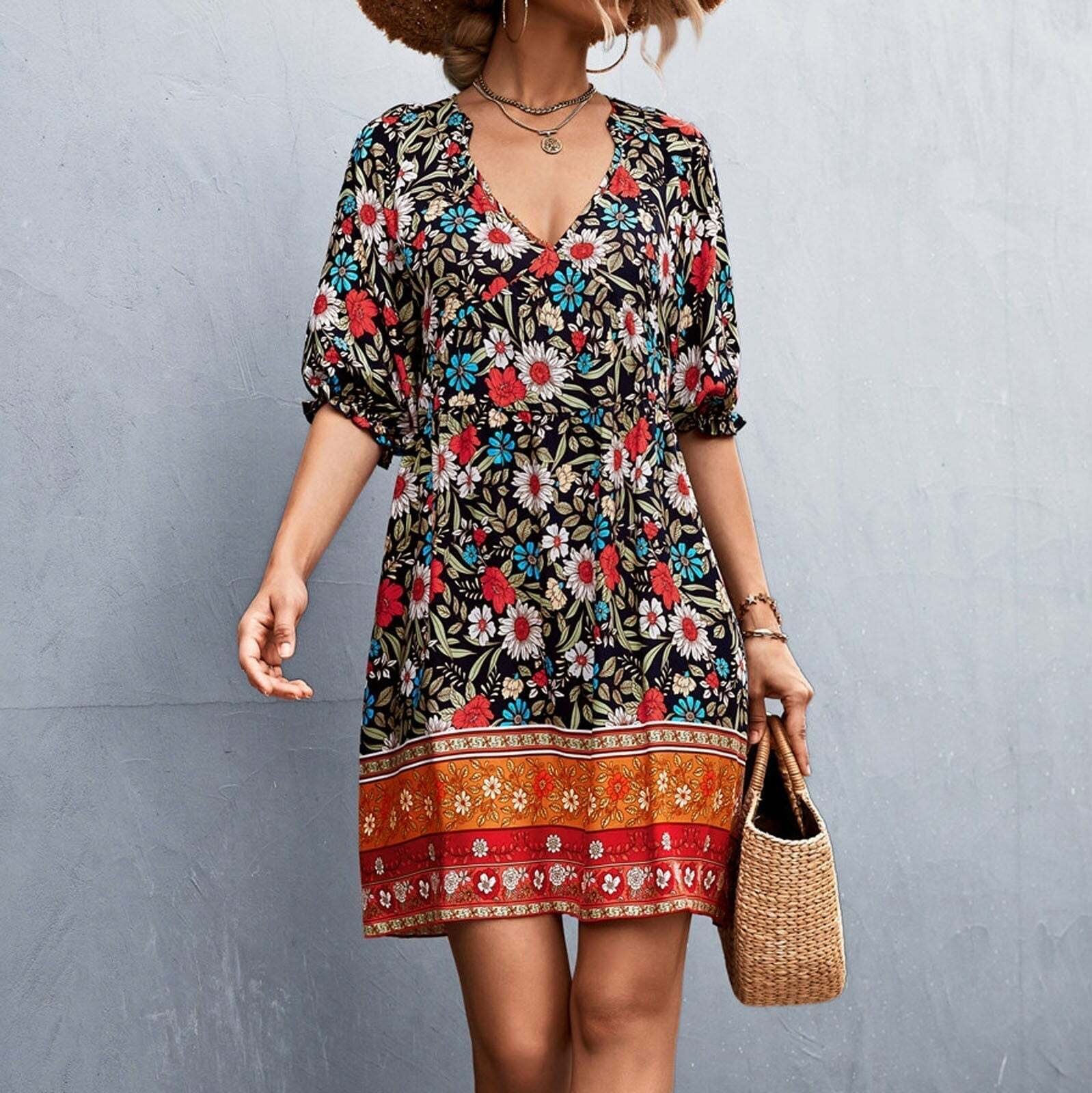 Floral Print V-Neck Boho Sundress - Y2K Aesthetic Dress for Coquette & Grunge Styles