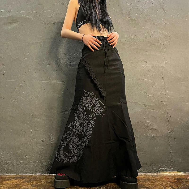 Gothic Dragon Print Y2K Maxi Skirt - Grunge Aesthetic Summer Outfit for Trendy Looks