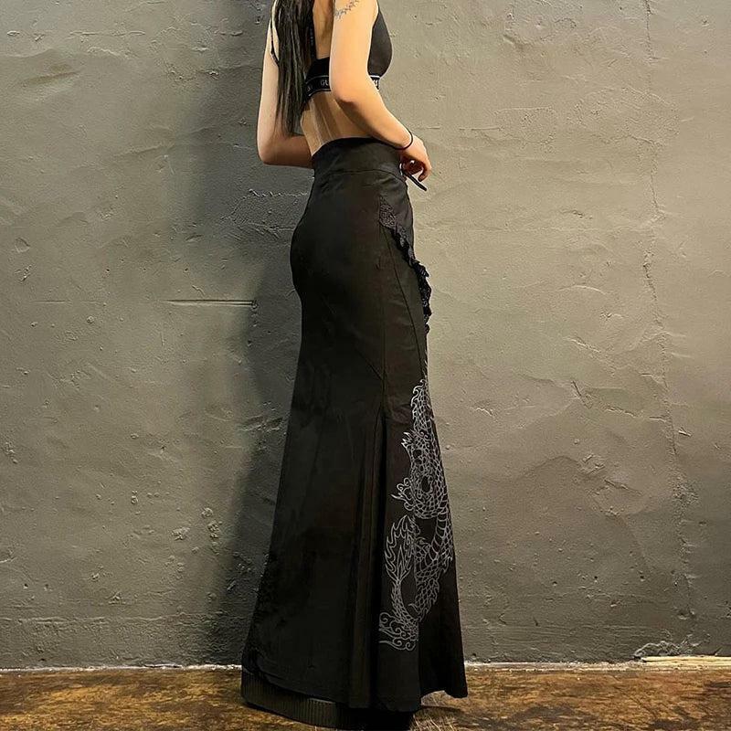 Gothic Dragon Print Y2K Maxi Skirt - Grunge Aesthetic Summer Outfit for Trendy Looks