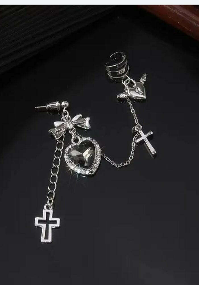 Gothic Heart Cross Chain Earrings - Y2K Grunge Aesthetic Jewelry for 90s Fashion Lovers