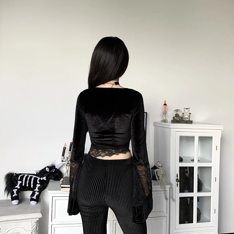 Gothic Lace Flare Cuffs Crop Top - Y2K Grunge Aesthetic for Summer Outfits & 90s Fashion