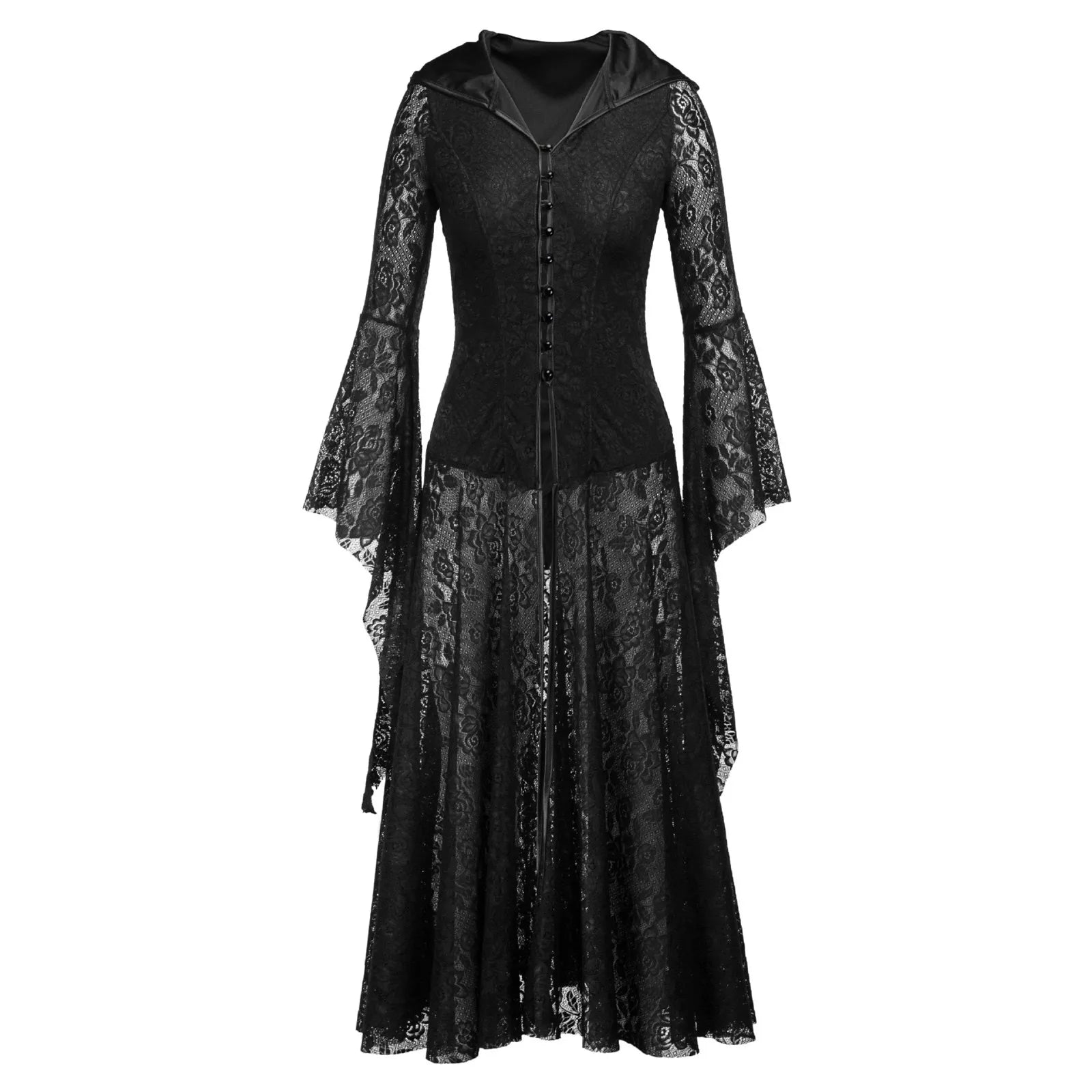 Gothic Vintage Lace Hooded Dress - Retro Cosplay Long Sleeve Party Costume for Y2K Aesthetic