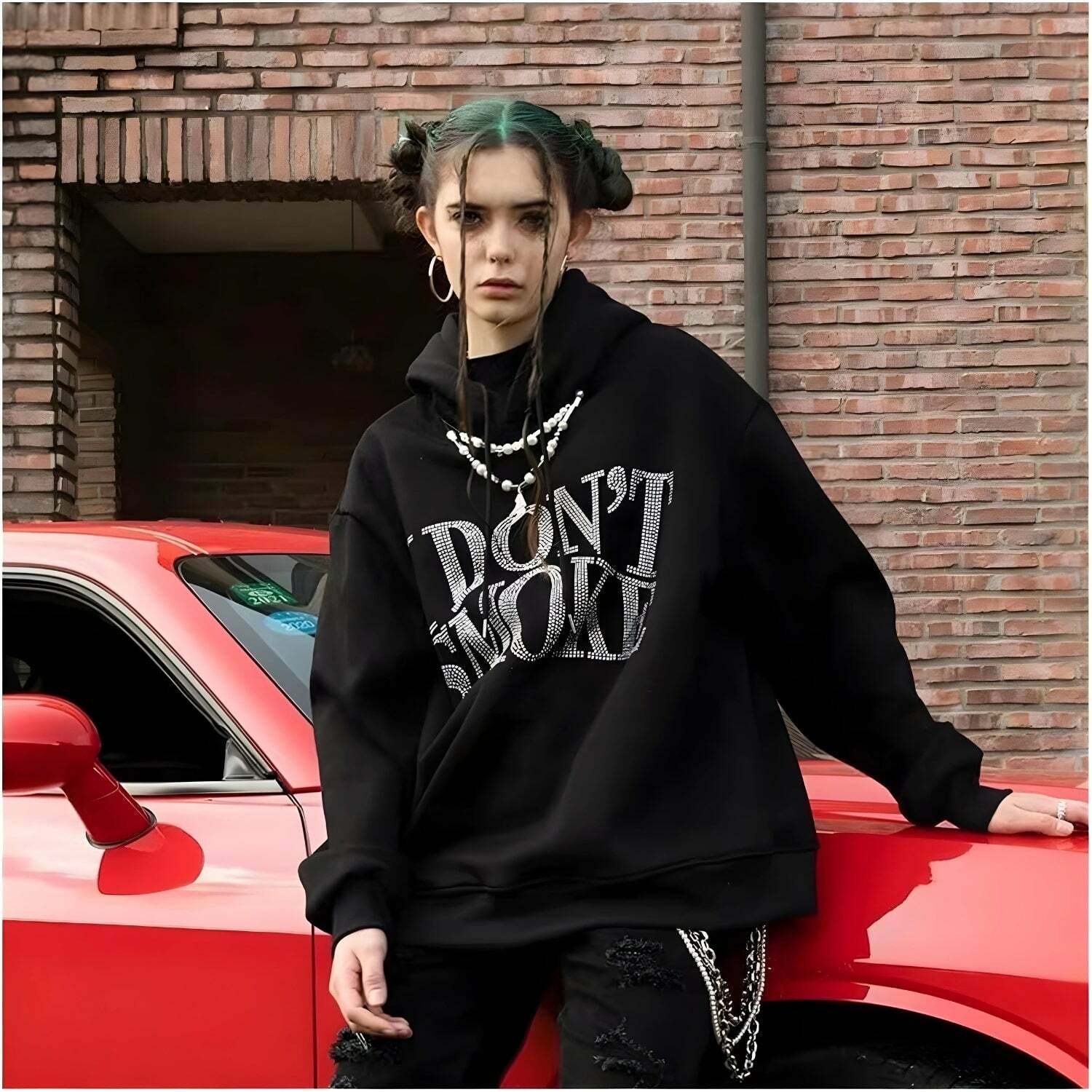 I Don't Smoke Y2K Rhinestone Hoodie - Grunge Aesthetic, 90s Fashion, Cute Outfit Idea