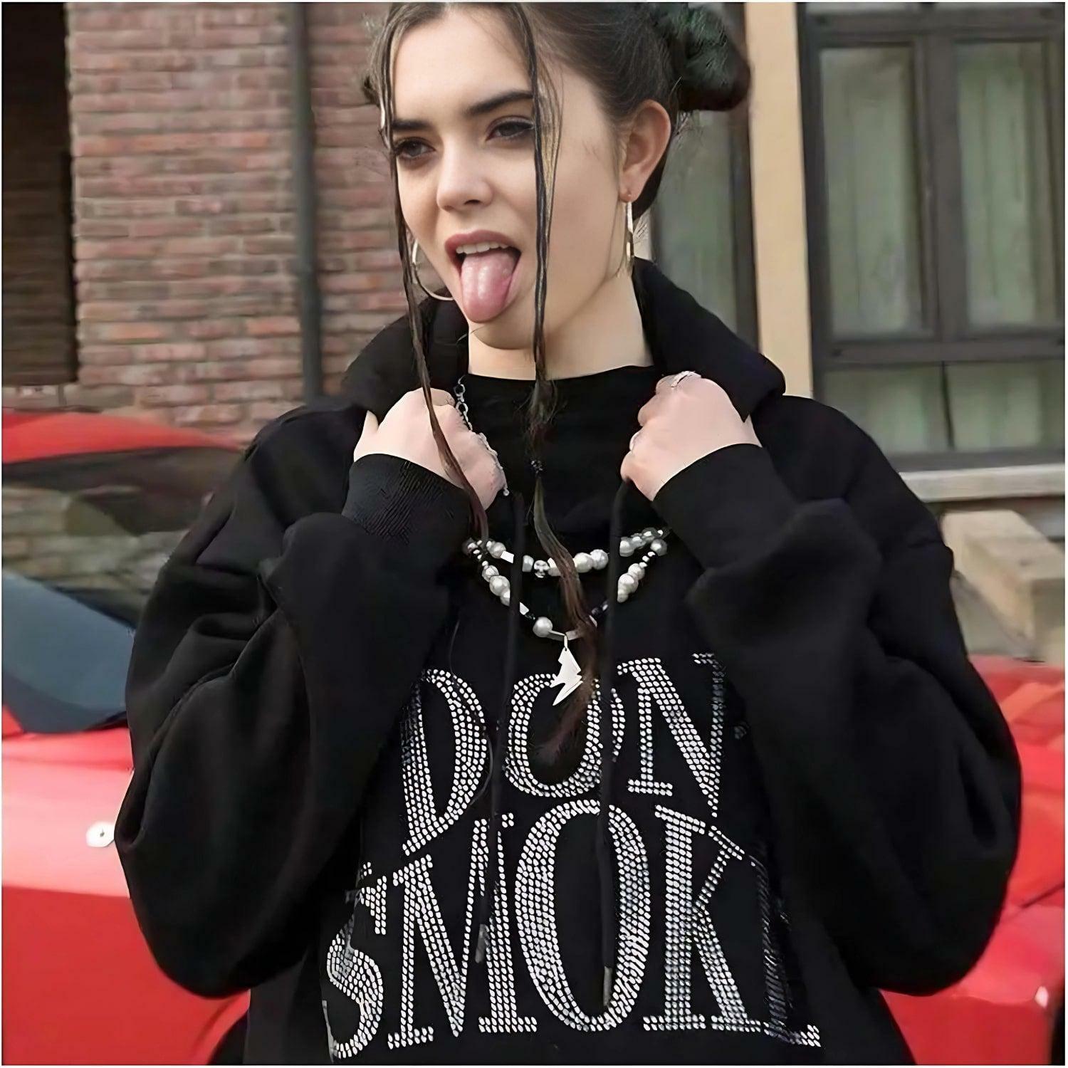 I Don't Smoke Y2K Rhinestone Hoodie - Grunge Aesthetic, 90s Fashion, Cute Outfit Idea