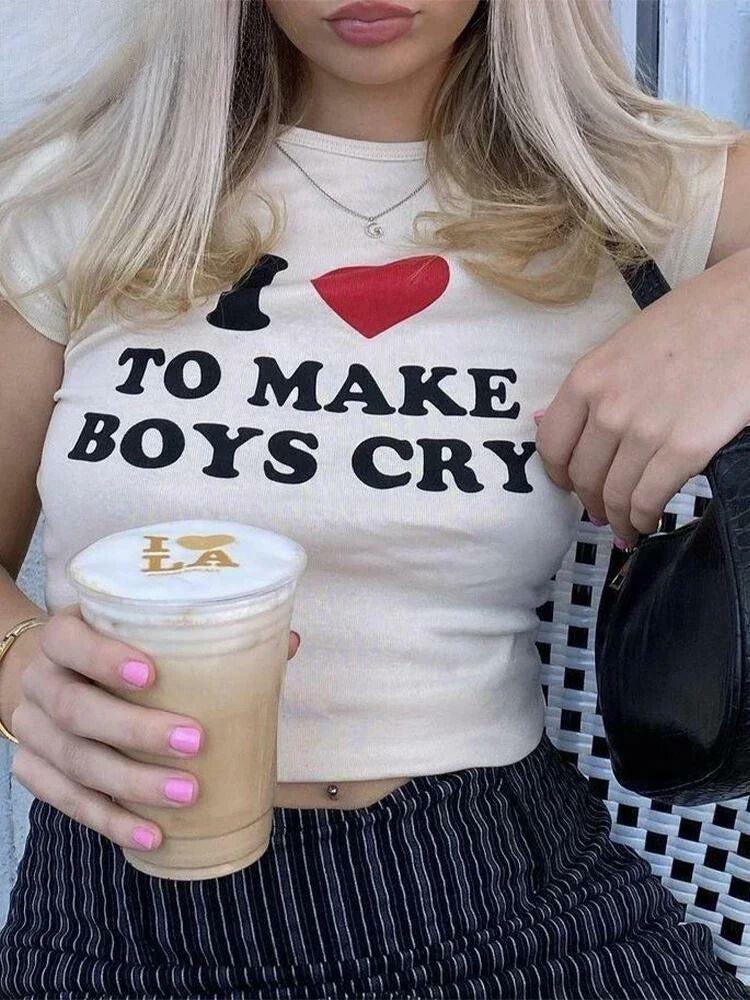 I Love To Make Boys Cry Y2K Tee - Grunge Aesthetic Summer Outfit for Trendy Looks