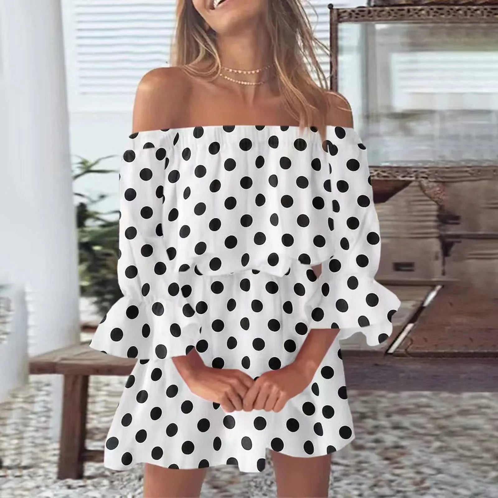 Leopard Polka Dot Off-Shoulder Mini Dress - Y2K Casual Summer Party Style with Long Sleeves