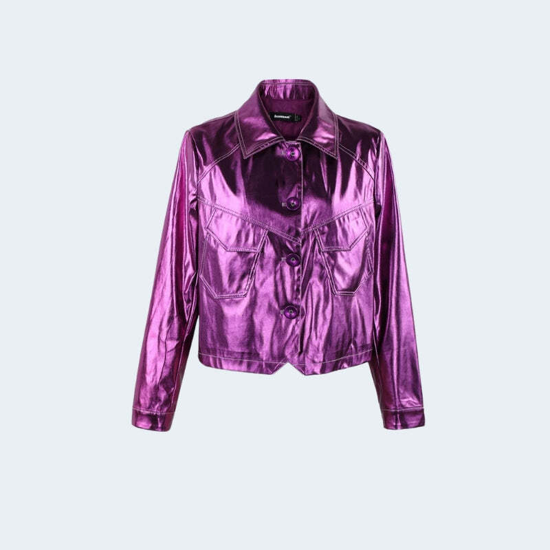 Metallic Fuchsia Faux Leather Jacket - Y2K Fashion Statement for Grunge & 2000s Outfits