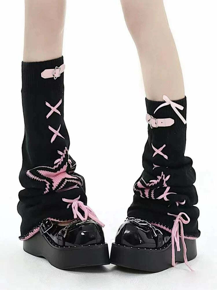 Pastel Goth Lace-Up Belted Leg Warmers for Y2K Fashion, Grunge Aesthetic & 90s Outfits